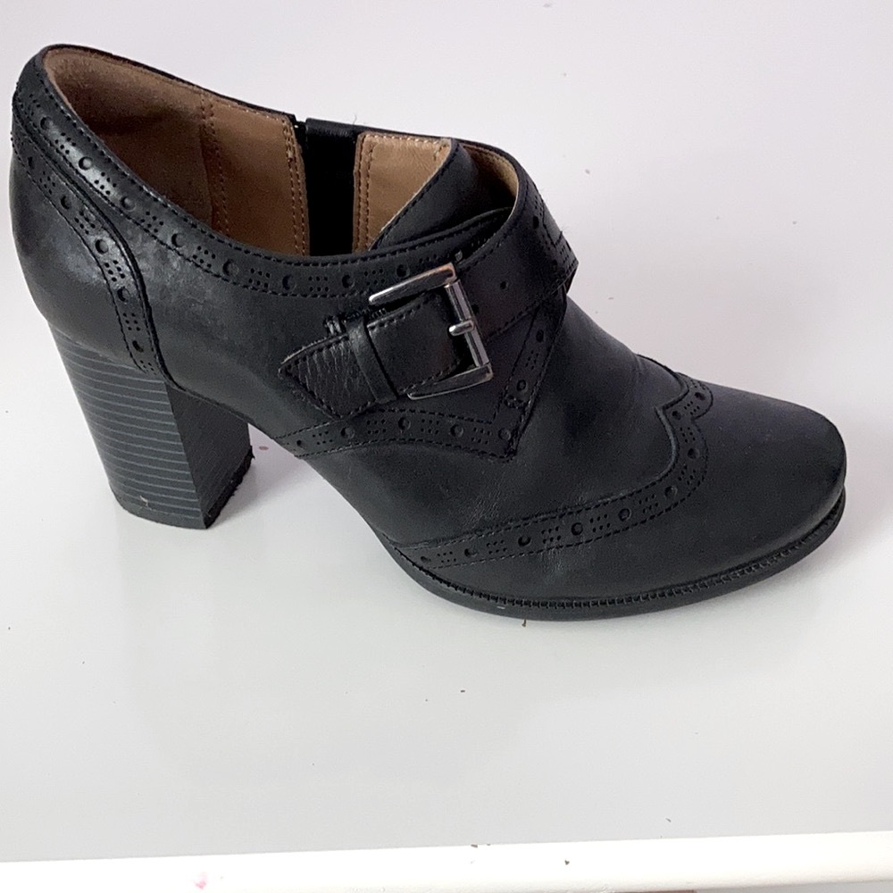 Clarks black heeled booties with side buckle